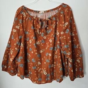 a.n.a Floral Peasant Blouse Rust Brown Size XL Cotton Cottagecore Daisies